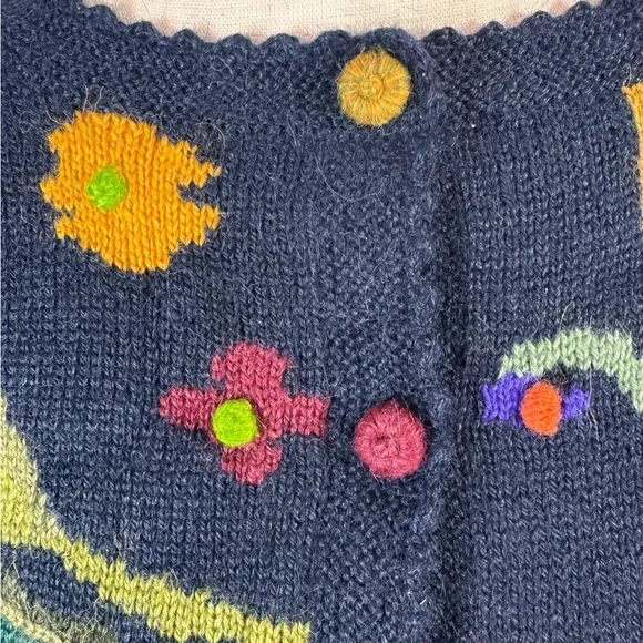 Vintage Peruvian 100% Alpaca Sz L/XL Blue Floral Buttons Scalloped Edge Cardigan